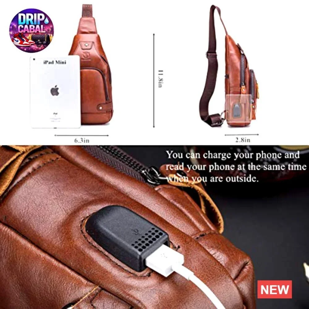 Genuine Leather Sling Bag with USB Charging Port Multi-pocket Chest Bag